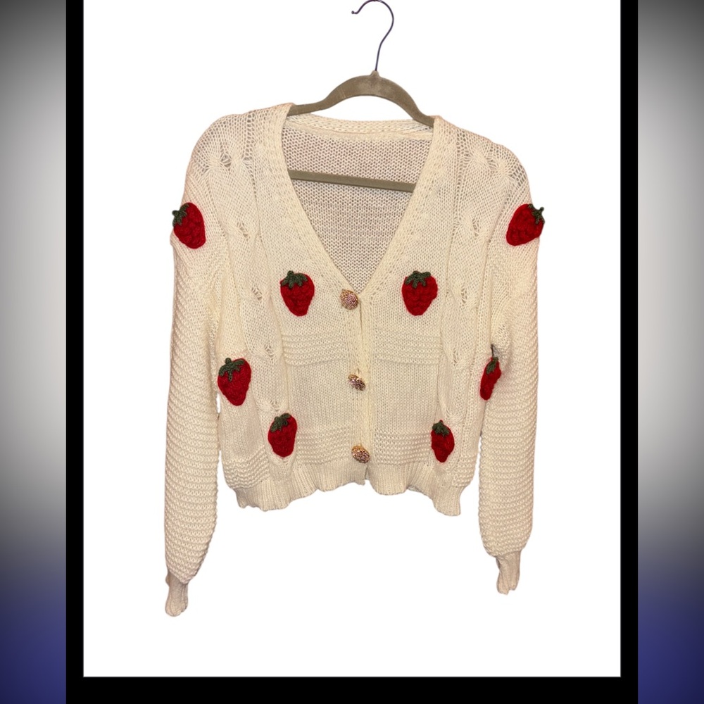 Cream Strawberry-Appliqué Knit Cardigan